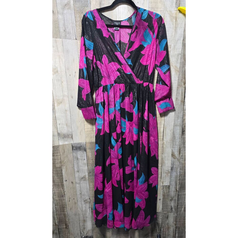 Alexa B Nites Maxi Dress Black Pink Blue Shimmer Floral Print Long Sleeve Size 6